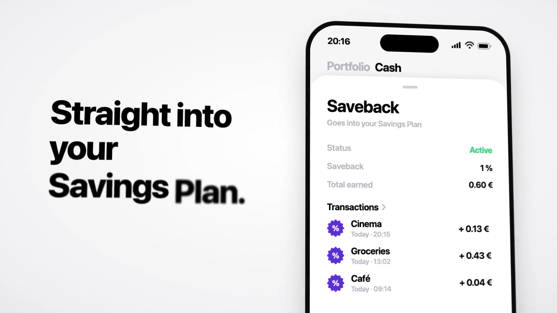 Trade-Republic-App mit Saveback-Ansicht im selbst gestalteten Motion-Design-Spot.